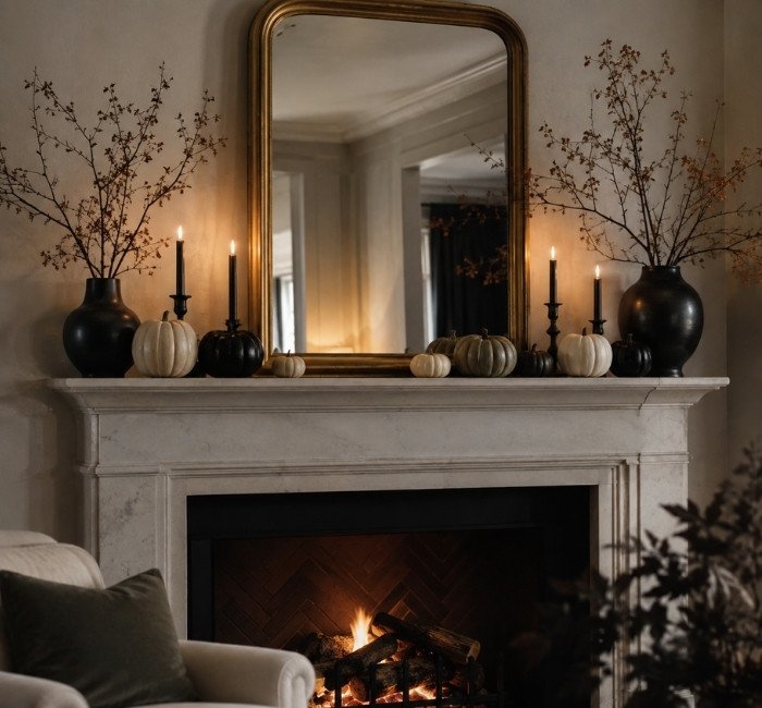 Halloween fireplace mantel decorated with pumpkins, candles, and autumn branches.