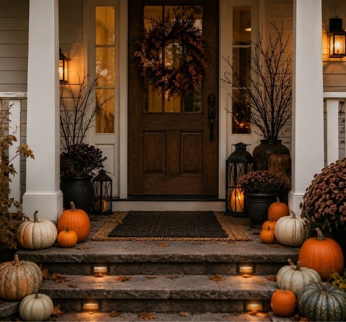 Front porch decorated with pumpkins, wreath, and Halloween outdoor accents.