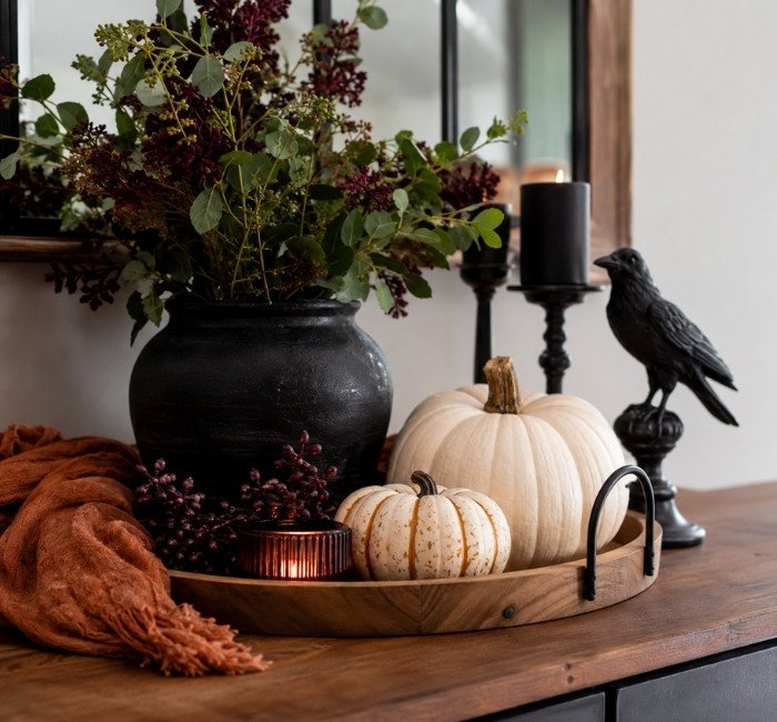 Halloween decor color palette with black, cream, orange, green, and burgundy accents.