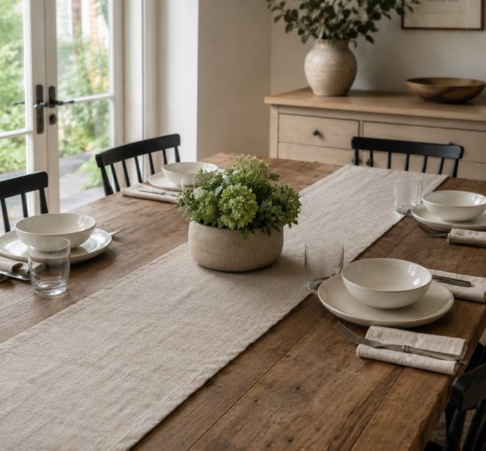 Simple dining table decor with balanced centerpiece and open space