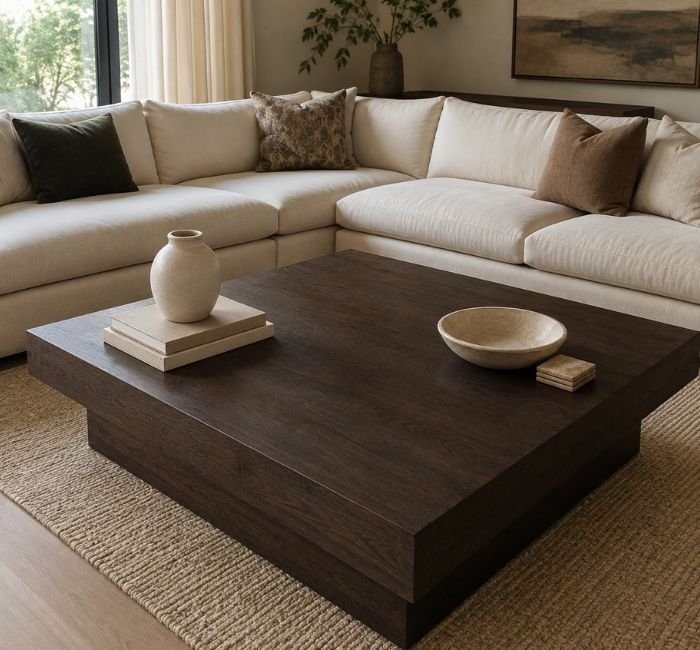 Large square coffee table styled with two balanced decorative zones