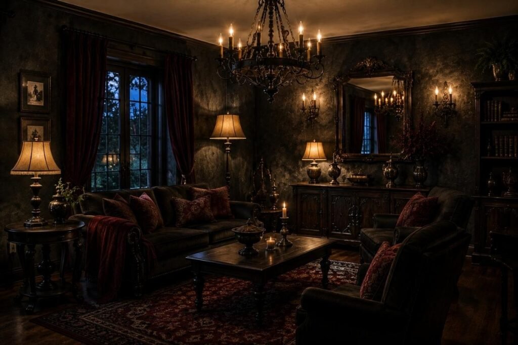 Layered gothic lighting using lamps, sconces and a chandelier