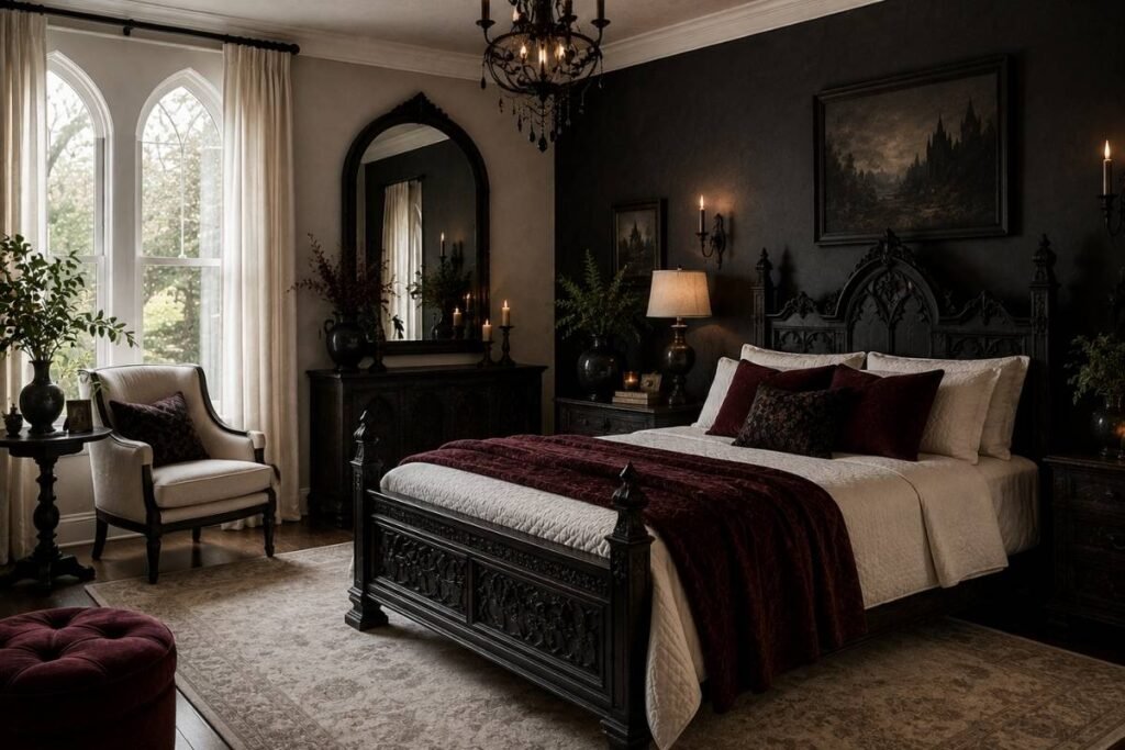 Gothic bedroom balanced with cream bedding and light-coloured accen
