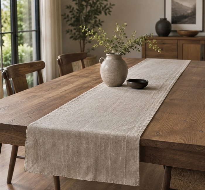 Neutral linen table runner on a wooden dining table