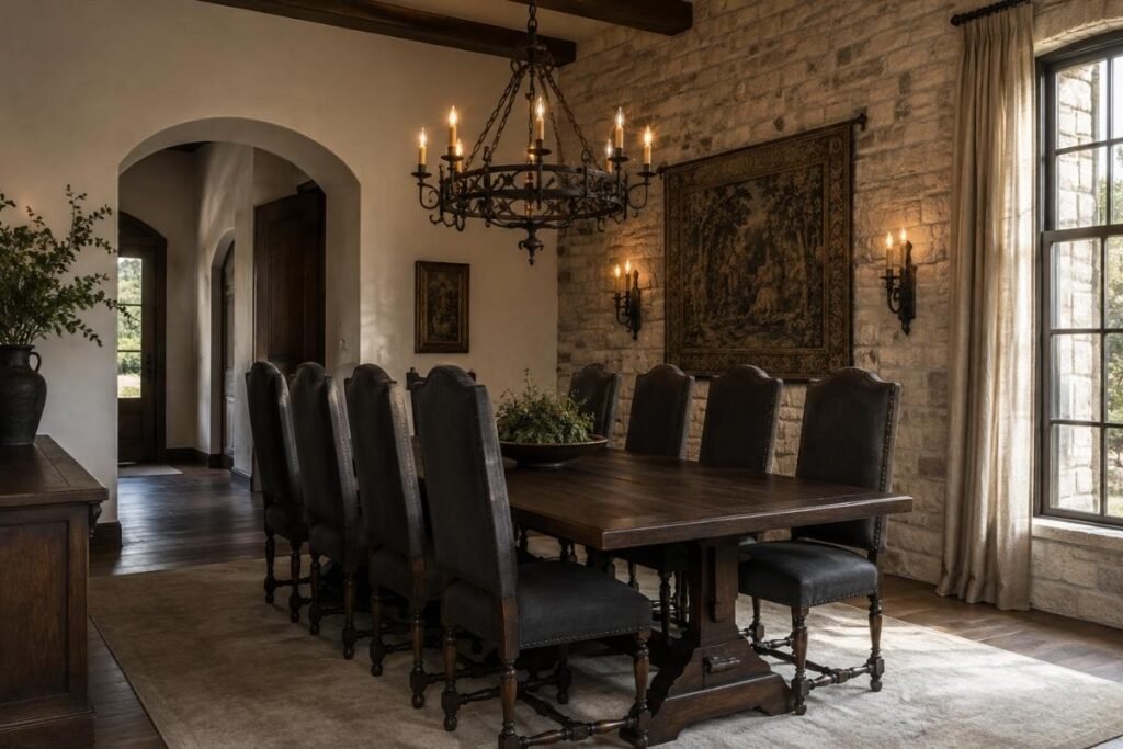 Medieval-inspired gothic dining room with stone walls and a dark wooden table
