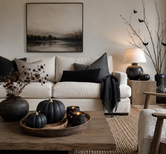 Minimal Halloween living room with neutral furniture and black decorative accents.