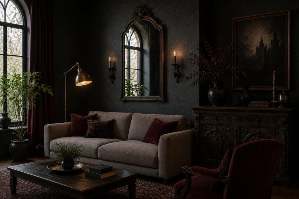 Modern gothic living room mixing contemporary and antique furniture