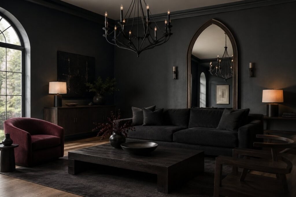 Modern gothic living room with charcoal walls, black furniture and an arched mirror