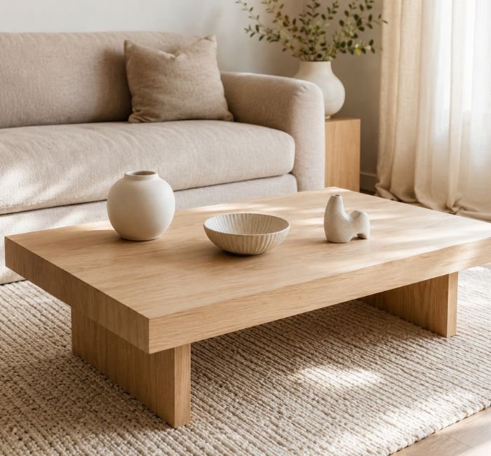 Light wood coffee table with ivory ceramic vase, bowl and sculptural object