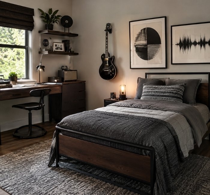 Music inspired teenage male bedroom with guitar, wall art, and modern decor