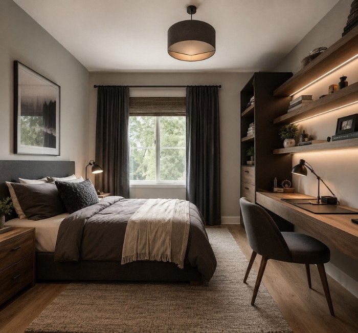Neutral modern teenage male bedroom with wood furniture and clean decor