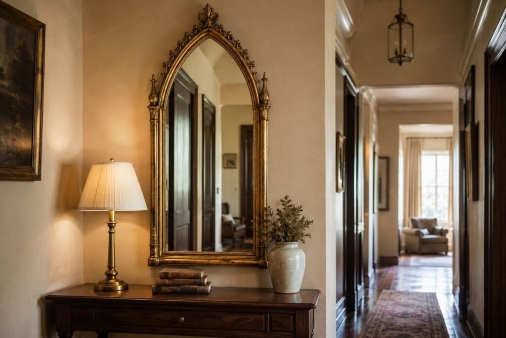 Ornate antique-gold gothic mirror above a dark wooden console table