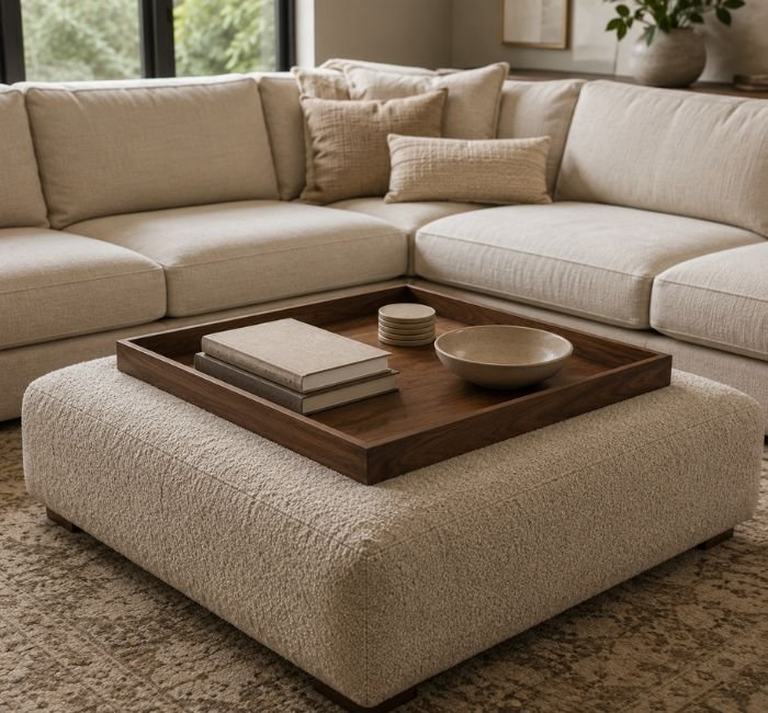Upholstered ottoman styled with a wood tray, books, coasters and low bowl