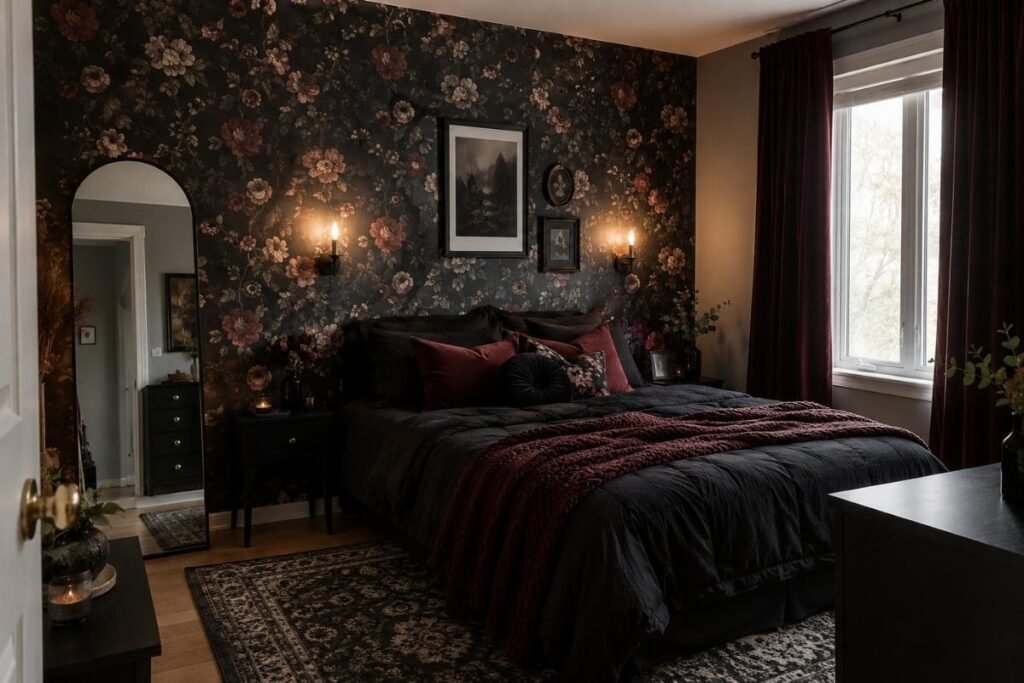 Renter-friendly gothic bedroom with removable wallpaper and wall lights