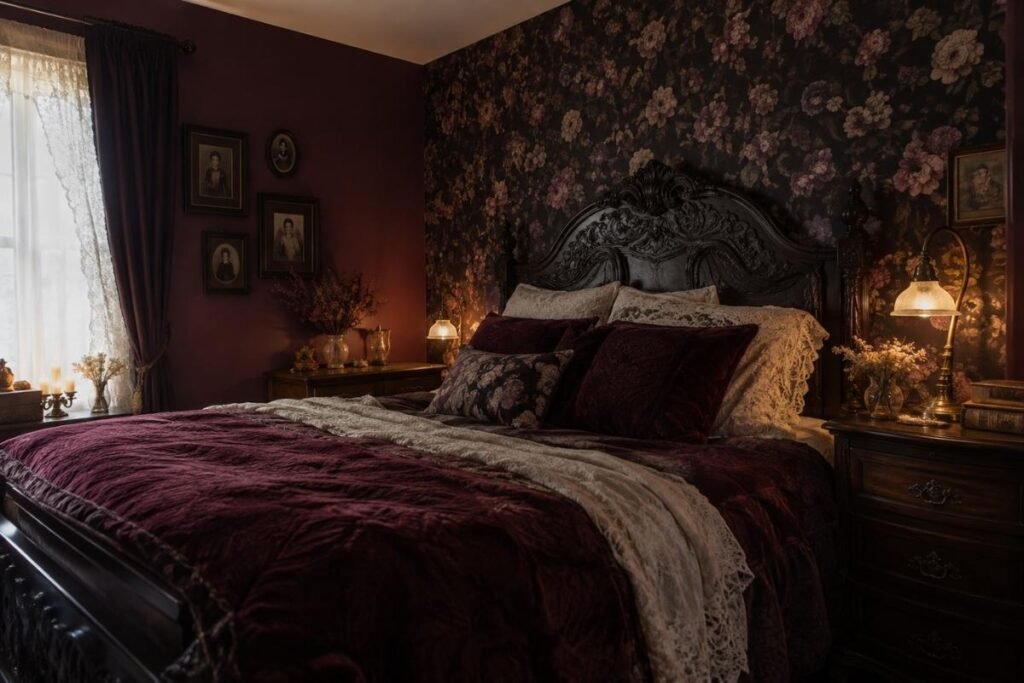 Romantic gothic bedroom with plum walls, floral wallpaper and velvet bedding