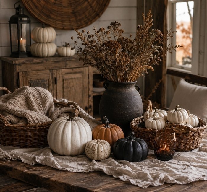 Rustic Halloween decor with wood, linen, pumpkins, and natural materials.