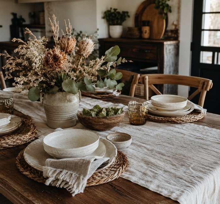 Rustic table decor with dried flowers, woven placemats, and greenery