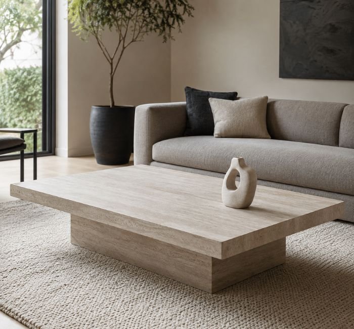 Light stone coffee table with one sculptural ceramic centerpiece