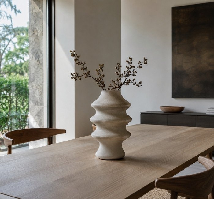 Modern dining table with a sculptural vase centerpiece