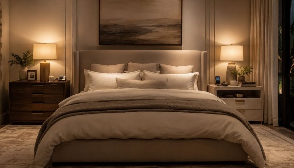 Couple bedroom with separate bedside tables and personalized spaces