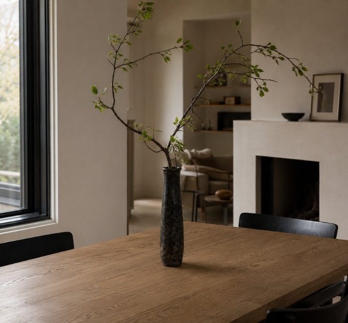 Single branch in a vase on a modern dining table