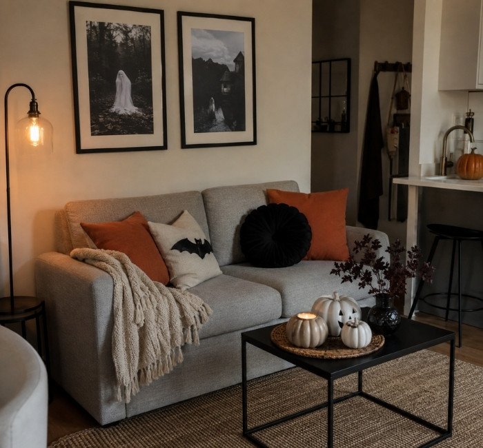 Small apartment decorated for Halloween with compact seasonal accessories.