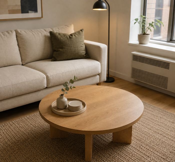 Small round coffee table with a compact tray, vase and coasters