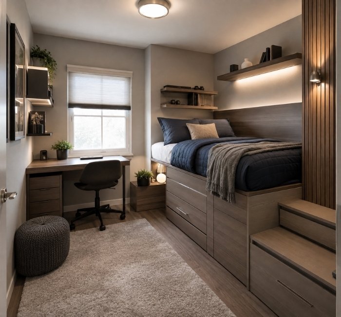 Small teenage male bedroom with loft bed and space-saving storage