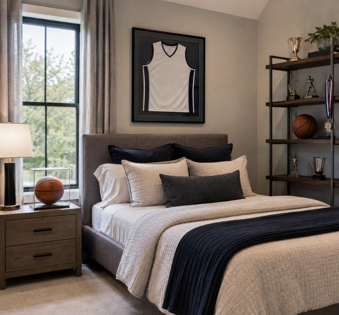 Sports themed teenage male bedroom with framed jersey and wall shelves