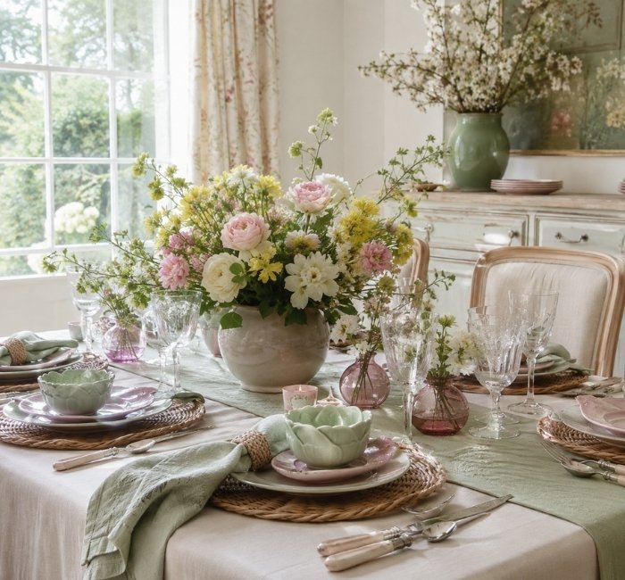 Spring table decor with fresh flowers and soft pastel tones