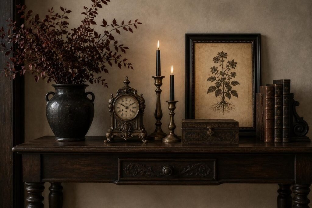 Subtle gothic accessories arranged on a dark wooden console table