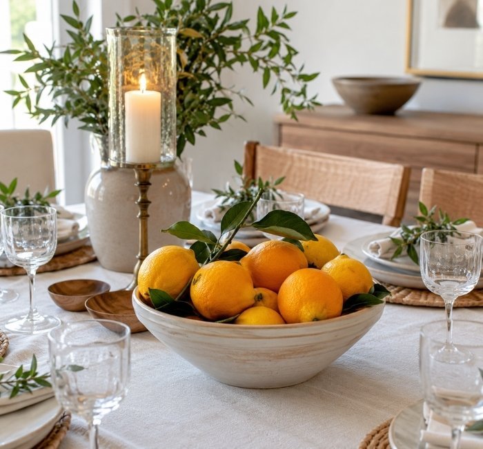 Summer table decor with citrus fruit and light linens