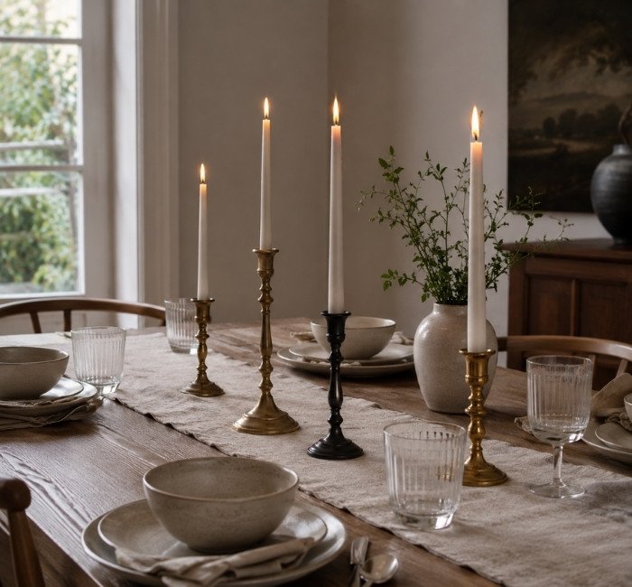 Taper candles and candlesticks on an elegant dining table