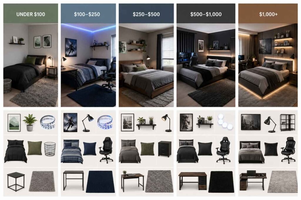 Teenage male bedroom makeover budget guide showing decor options by price range