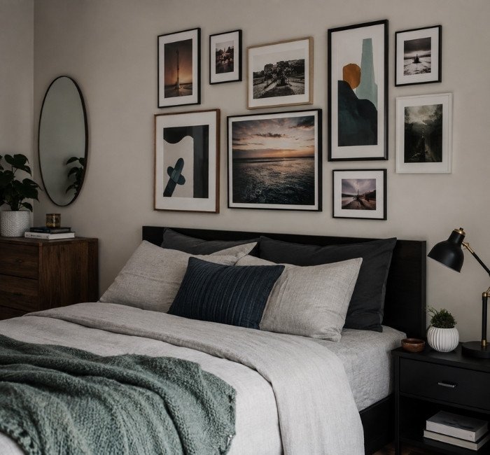 Teenage male bedroom gallery wall with posters and framed photographs