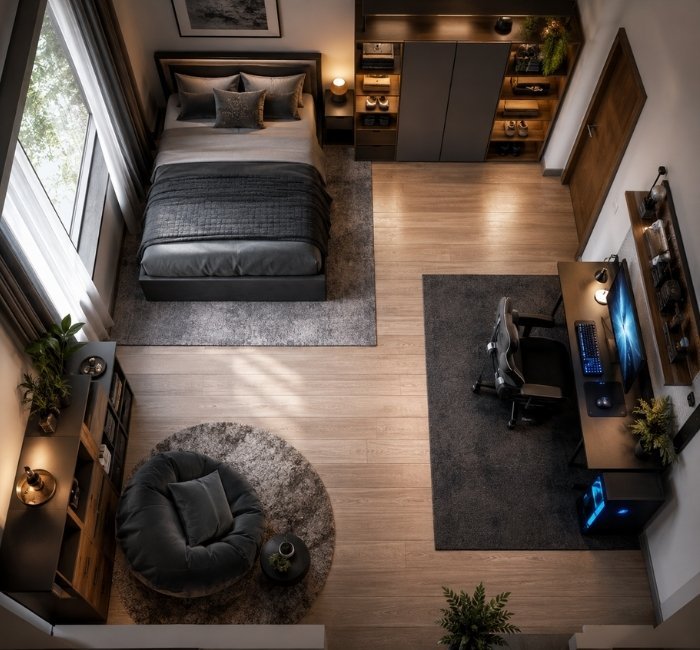 Teenage male bedroom layout showing separate sleeping, study, and storage areas