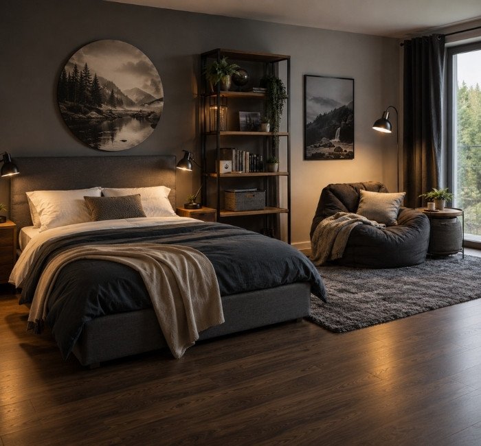 Teenage male bedroom with a comfortable relaxation corner