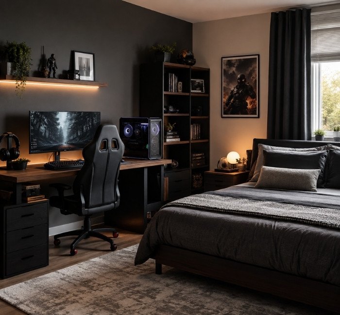 Modern teenage male gaming bedroom with desk and LED lighting