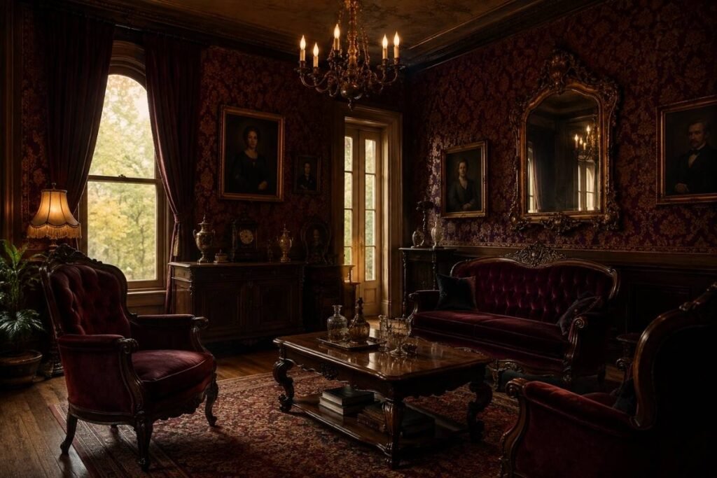 Victorian gothic living room with carved wood furniture and burgundy velvet seating
