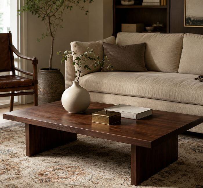 Walnut coffee table with a modern cream vase and vintage brass box