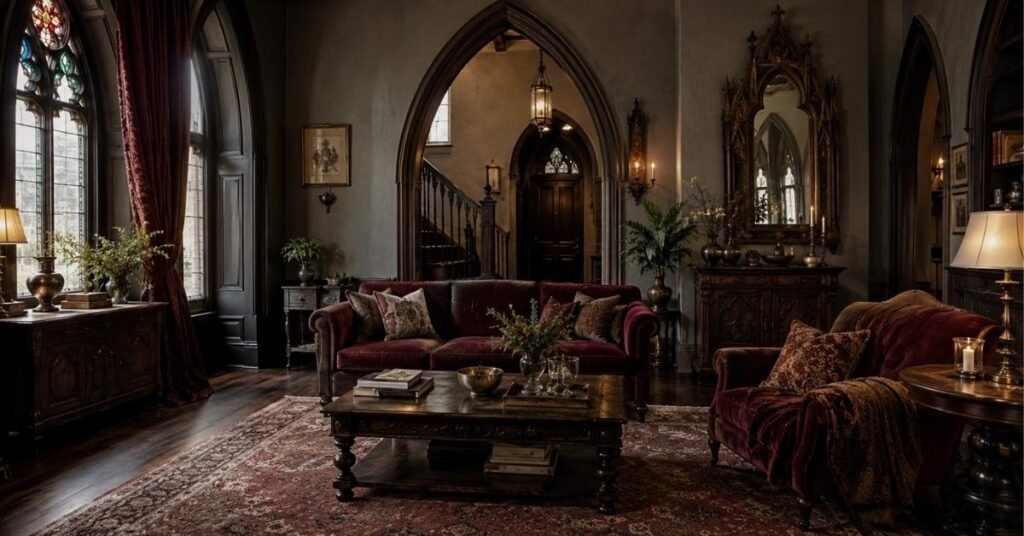Traditional gothic home interior with pointed arches, dark wood and velvet furniture