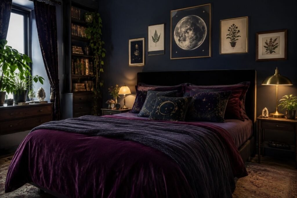 Whimsigoth bedroom with celestial decor, vintage books and jewel-toned fabrics