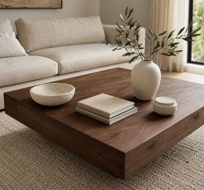 Walnut coffee table with books, stone bowl and leafy green branch