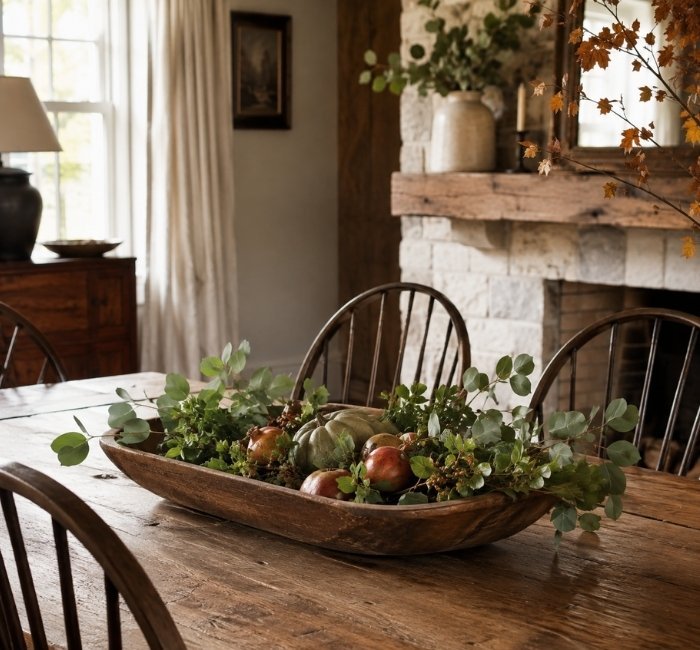 Wooden dough bowl centerpiece on a rustic dining table