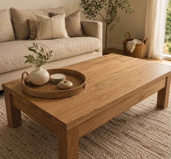Oak coffee table with woven tray, ceramic vase and stacked coasters