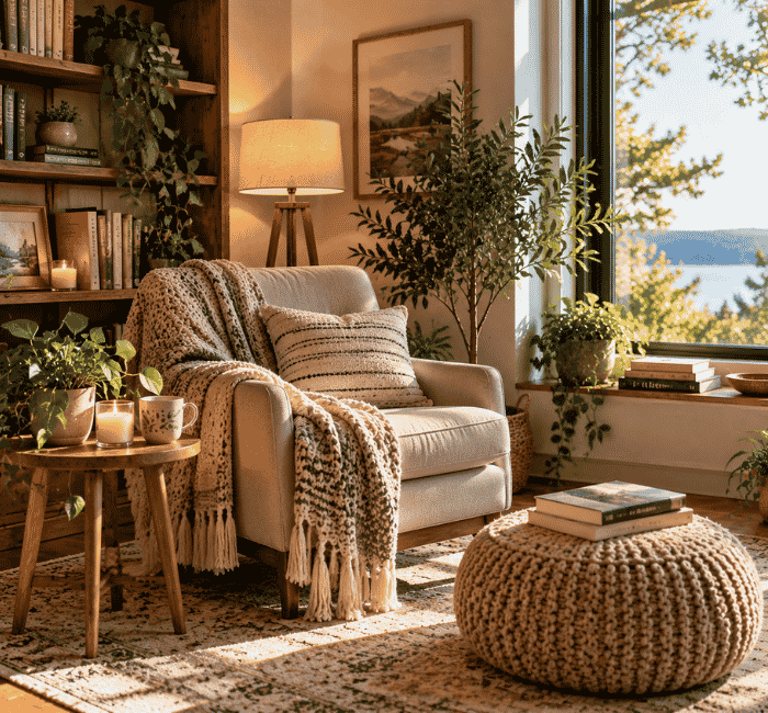 Cozy reading corner at home with comfortable chair books plants and warm lighting