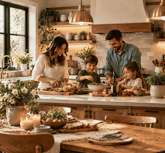 Family spending quality time together at home while cooking and enjoying a beautiful kitchen space