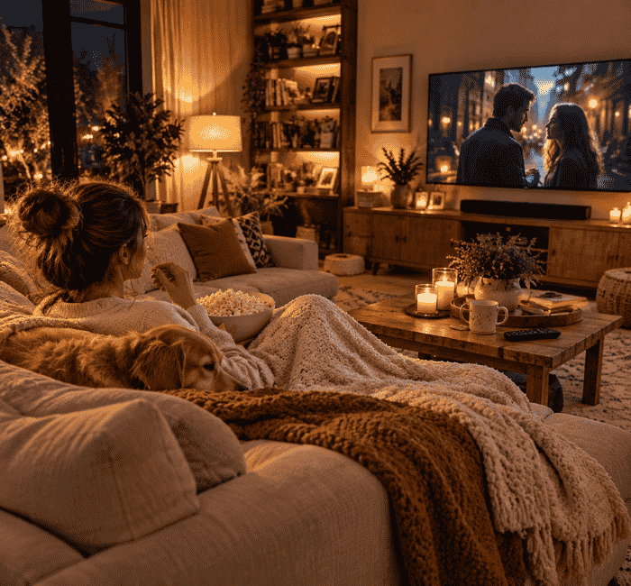 Cozy movie night setup in a Toronto apartment with sofa blankets snacks and warm lighting