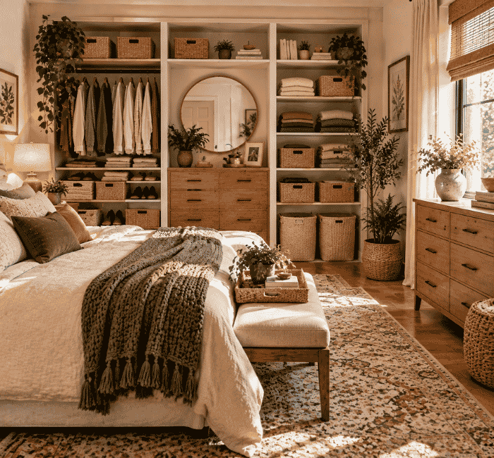 Home organization ideas with clean storage solutions and decluttered bedroom space