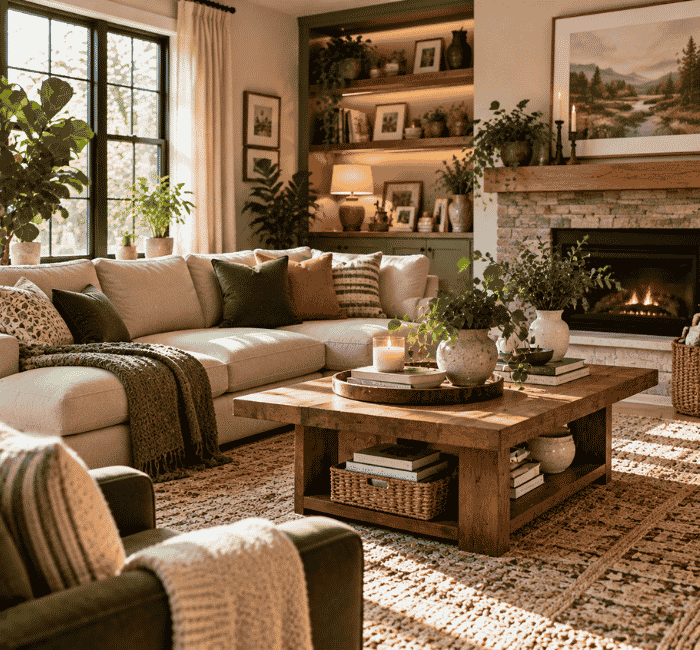 Modern living room makeover with comfortable sofa plants lighting and home decor accessories